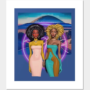 Two Afro Fashion Dolls with halo on desert road Posters and Art